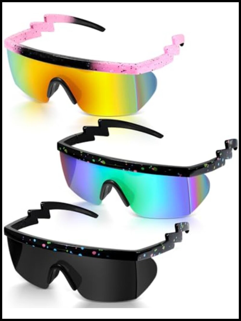 Semi Rimless Zigzag Sunglasses 3 Pairs Retro 80s Flat Top UV Mirrored